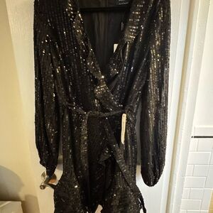 Black Sequin Wrap Dress